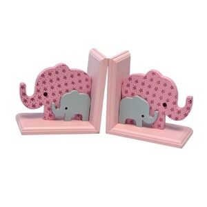 Pink and Gray Elephant Floral Wooden Bookends for Kids Nursery